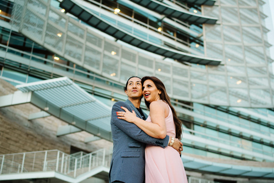Beautiful photo of a couple in downtown San Jose - Civic Hall