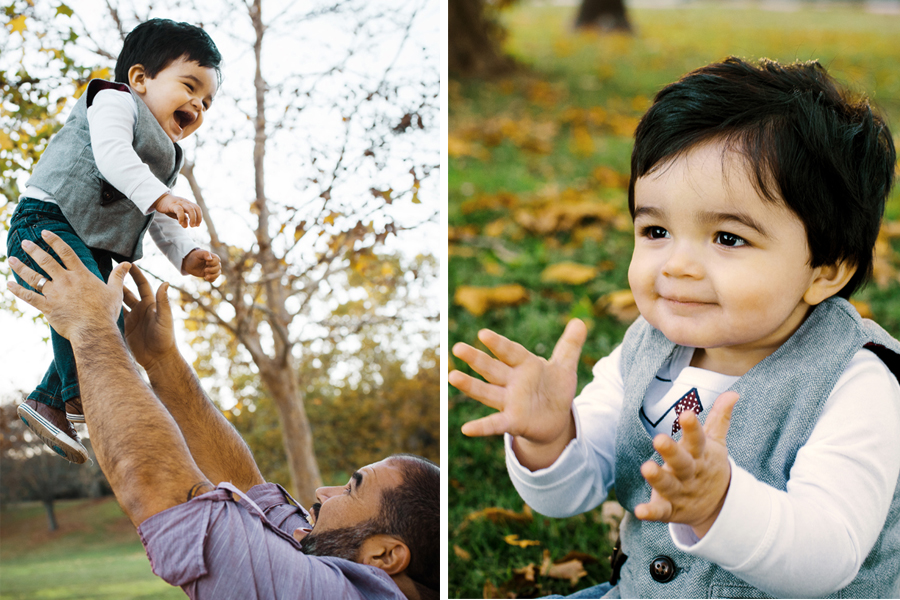 a collage of a toddler being tossed up in the air and a cute close up of his clapping his hands