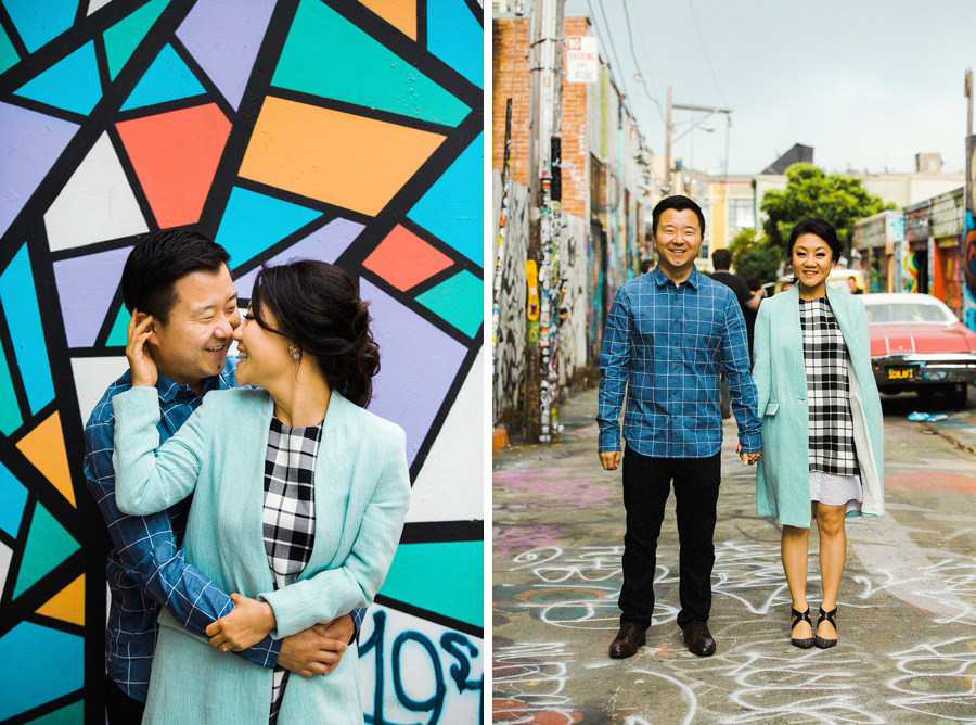 A collage of a couple posing at a graffiti filled alley during their SF Fun Engagement Session