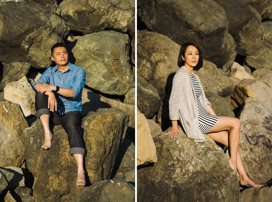 A collage of a man and his girlfriend on beach rock during their Santa Cruz Beach Engagement Session
