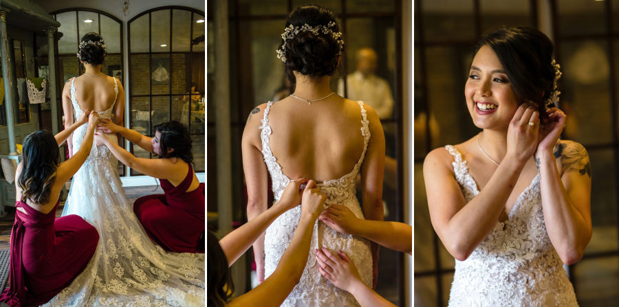 a collage of images of a bride getting help to get ready for her wedding