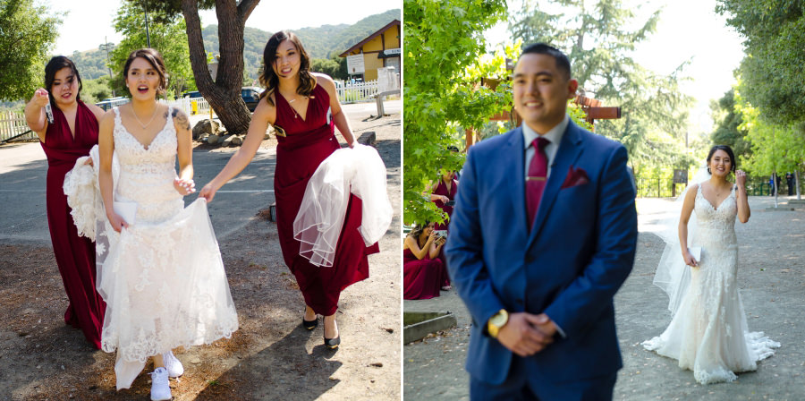 A collage of images of a bride approaching her groom for the first look at the park