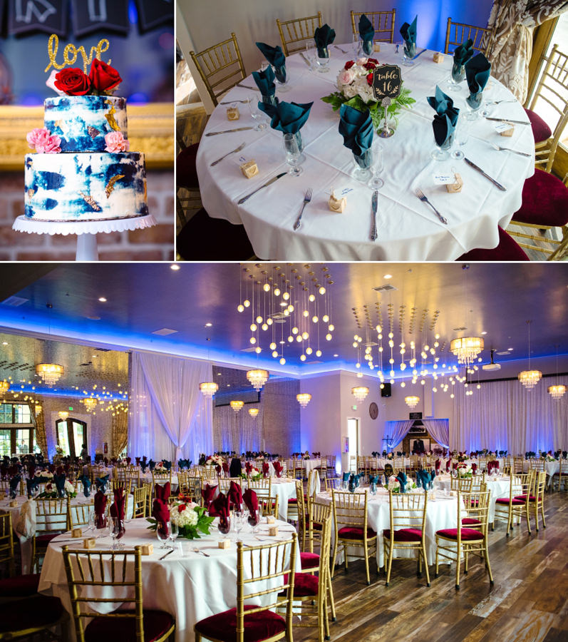 A collage of interior decorations of a Wedding and a wedding cake