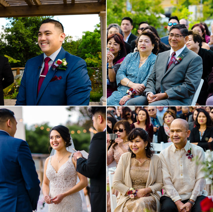 A collage of bride and groom and happy parents at their wedding