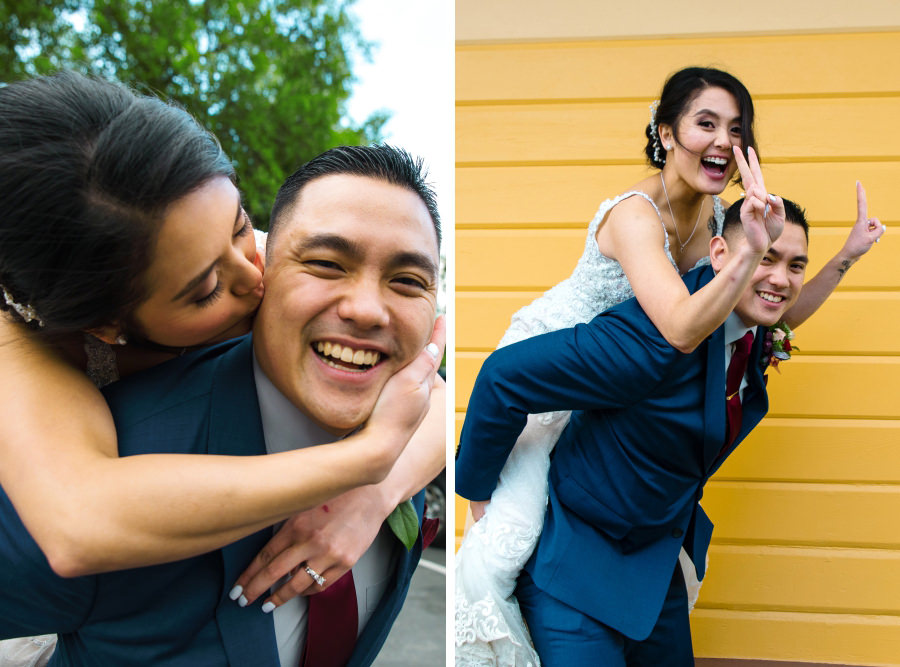 A collage of a bride getting a ride on her husband's back