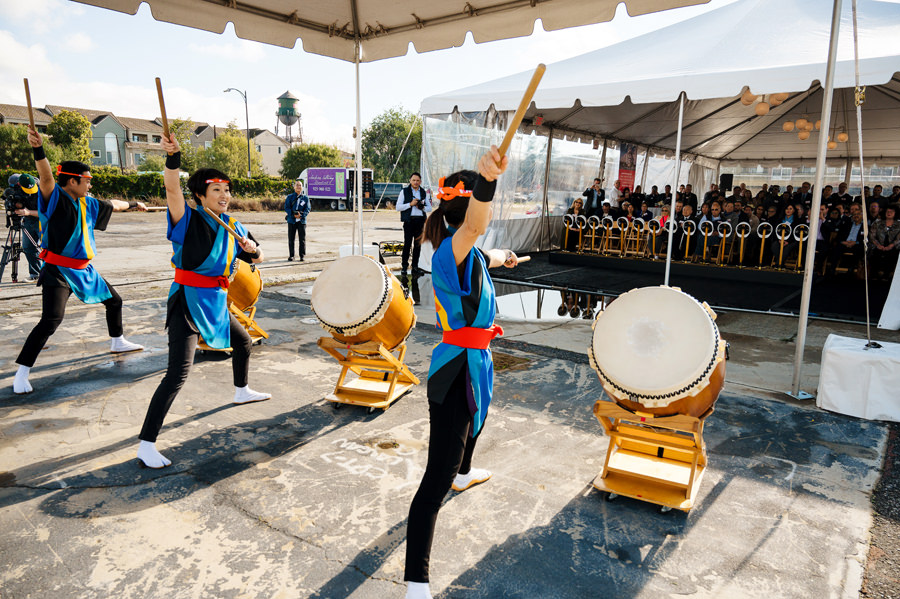 The crowd being entertained by the San Jose Taiko at a ground breaking ceremony in San Jose’s Japan Town.