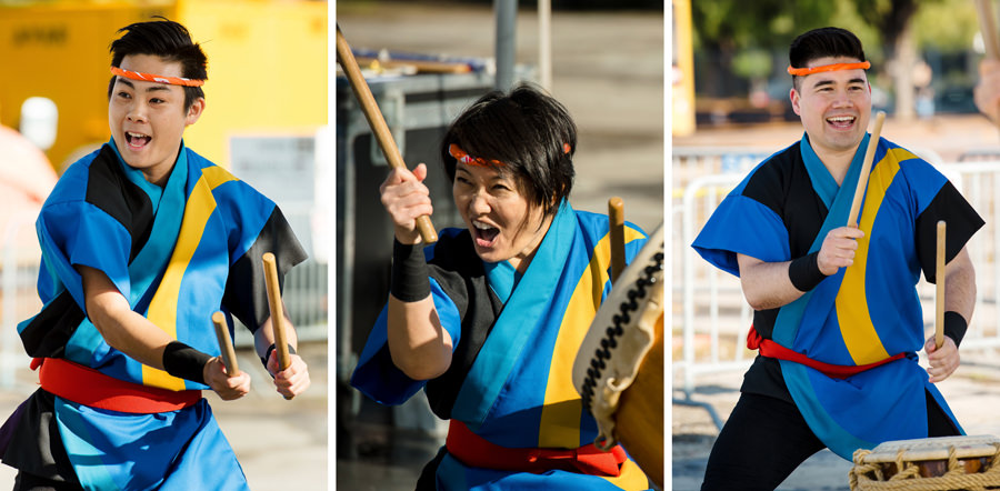 A triptych of San Jose Taiko drummers giving their all at a Japan Town’s performance.