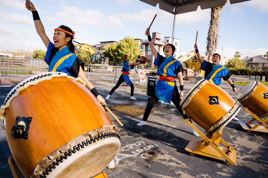 Members of San Jose Taiko drummers giving their all at a ground breaking ceremony at Japan Town’s performance.