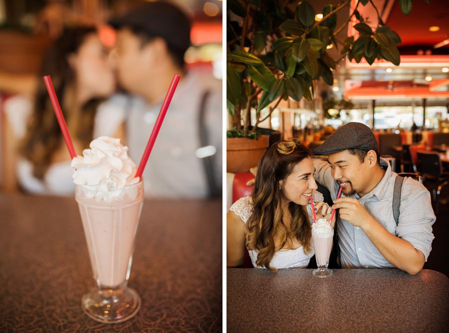 A collage of a couple sharing a milkshake