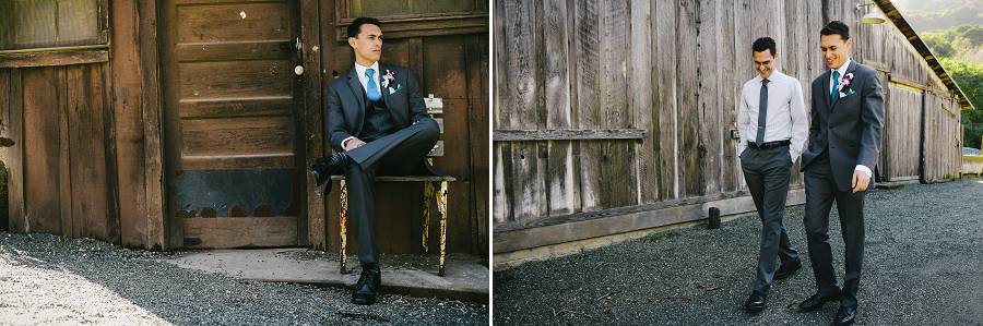 A collage of a groom pose sitting on a chair and walking with his best man 