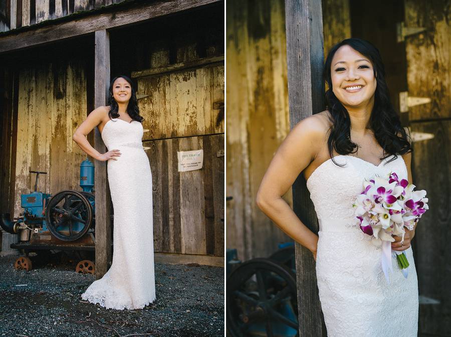 a collage of a bride standing and leaning on a post at Picchetti Winery