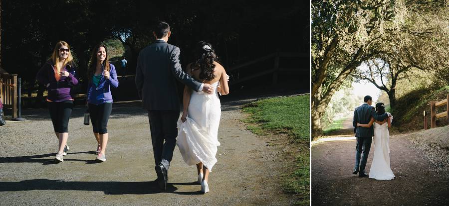 A collage of bride and groom walking while being congratulated by passer bys at the PIcchetti Winery in Cupertino