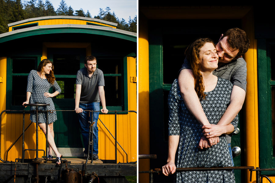A collage of a couple standing and hugging and kissing on a train car