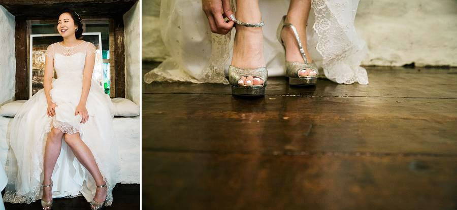 A collage of happy bride sitting and getting her wedding shoes on