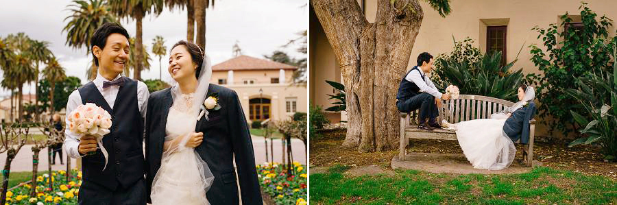 A couple images of Bride and Groom walking and sitting on a bench