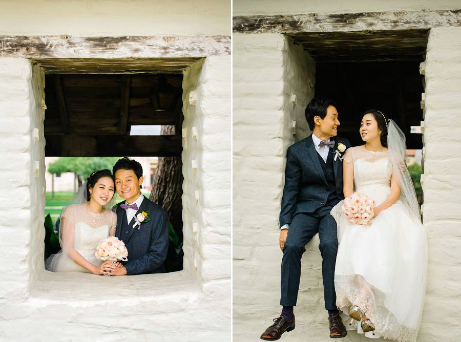 Cute images of Bride and Groom at the historical wall of the Mission