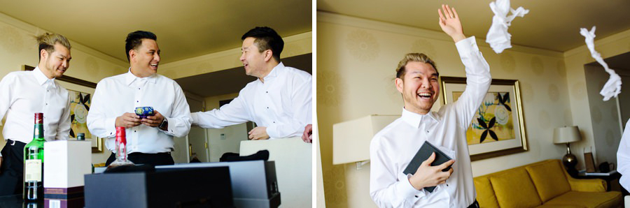 A collage of happy groomsmen opening up their Wedding gifts